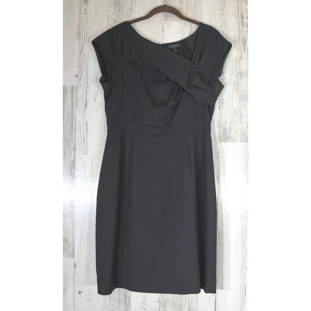 J Crew Sheath Dress 8 Black Wool Asymmetrical Neck Cap Sleeve Career Office LBD